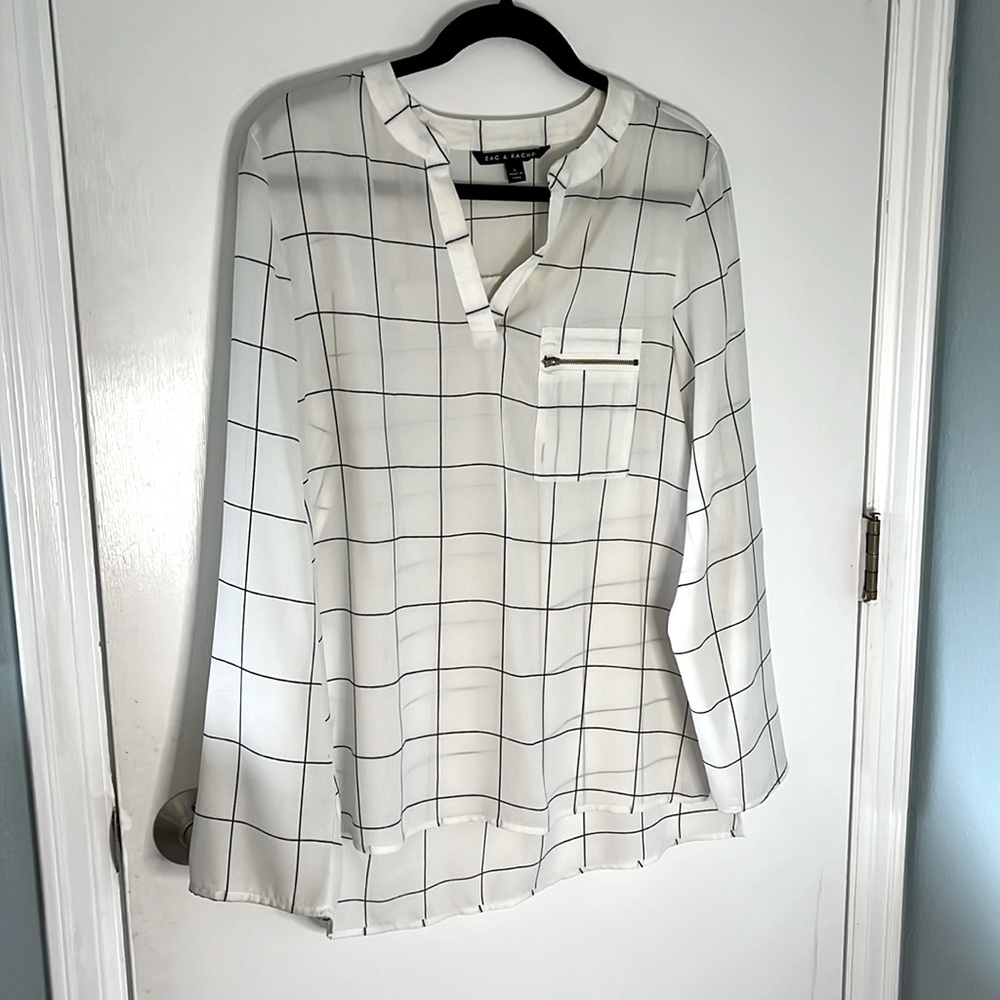 Zac & Rachel large blouse. White w/ black, gold zipper on front right breast